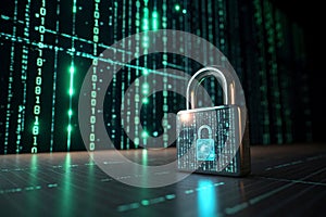 Cybersecurity digital padlock with matrix data background