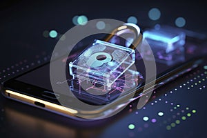 Cybersecurity digital technology security. Isometric mobile phone network security.