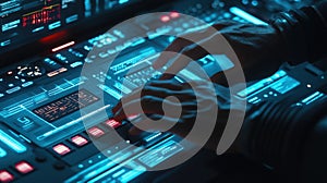 Cybersecurity engineer working on futuristic interface protecting data