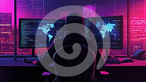 Cybersecurity expert analyzing data on dual monitors