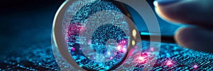 Cybersecurity Expert Analyzing Data with Magnifying Glass for Threat Detection and Privacy