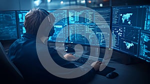 Cybersecurity expert analyzing data on multiple monitors