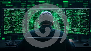 Cybersecurity expert analyzing data on multiple monitors