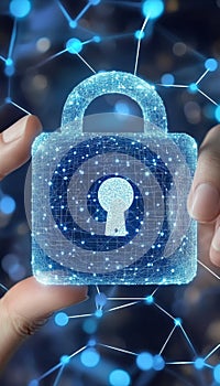 Cybersecurity Expert Holding Abstract Digital Padlock, Data Encryption and Network Security Concept