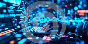 Cybersecurity Expert Typing with Glowing Keyboard and Digital Data Streams