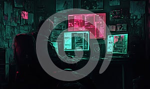 Cybersecurity expert working in dark room with multiple monitors displaying code and data