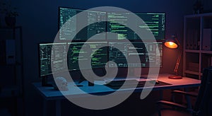 Cybersecurity expert working late with multiple monitors displaying code