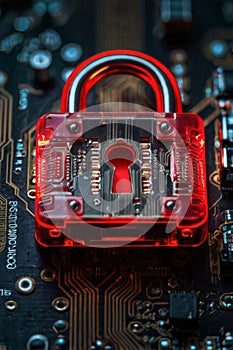 Cybersecurity fortress: Neon red castle on black digital circuit board. photo