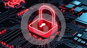 Cybersecurity fortress: neon red castle on black digital circuit board. photo