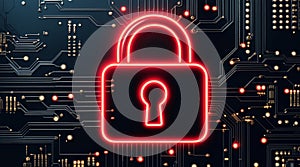 Cybersecurity fortress: neon red castle on black digital circuit board. photo