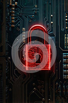 Cybersecurity fortress: Neon red castle on black digital circuit board. photo