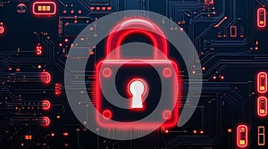 Cybersecurity fortress: neon red castle on black digital circuit board. photo