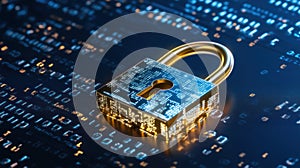 Cybersecurity: Golden Padlock on Digital Code Background