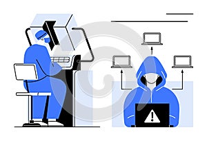 Cybersecurity and Hacking Concept with Programmer and Hooded Hacker