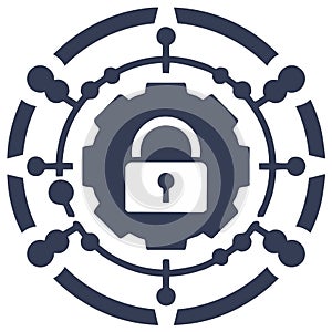 Cybersecurity icon with padlock and gear representing network protection and data safety