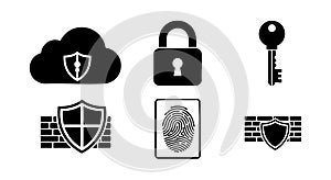 Cybersecurity icons set with cloud shield lock fingerprint and key vector illustration