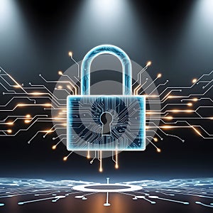 Cyber security concept lock with line and dot