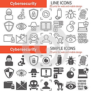 Cybersecurity line and simple icons set for web and mobile design