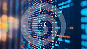 Cybersecurity Lock on Code Display, Digital Security, Data Protection, Encryption, Network Safety