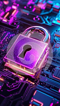Cybersecurity Lock On Digital Circuit Board, Data Protection, Privacy, Network Security Concept