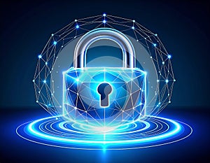 Cybersecurity lock with digital network security connection technology concept