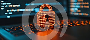Cybersecurity Lock On Keyboard With Code, Data Protection And Software Security Concept.