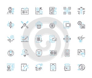 Cybersecurity measures linear icons set. Encryption, Firewall, VPN, Patching, Authentication, Antivirus, Biometrics line