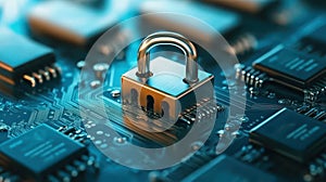 Cybersecurity padlock on circuit board, protecting digital data, encryption, and network security