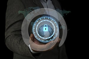 Cybersecurity and privacy concepts to protect data. Business man shows how to protect cyber technology network on computer virtual