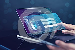 Cybersecurity and privacy concepts to protect data. businessman with internet network security technology. Businessman working on