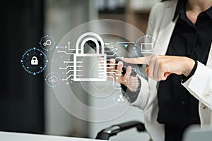 Cybersecurity and privacy concepts to protect data. Lock icon and network security technology. woman protecting personal data on