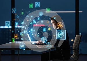 Cybersecurity professional analyzing digital data streams with futuristic interface graphics