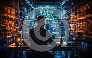 Cybersecurity professional working inside a high-tech server room with immersive interface graphics and data encryption