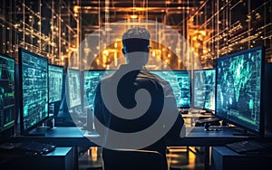 Cybersecurity professional working inside a high-tech server room with immersive interface graphics and data encryption