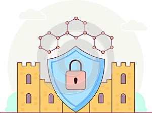 Cybersecurity Protection with Castle and Shield Vector Illustration