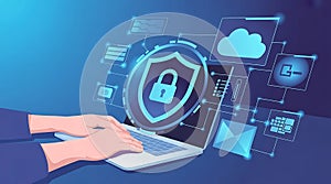 Cybersecurity protection shield padlock laptop data cloud network protection concept digital security