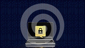 The lock gold icon on notebook for Cybersecurity 3d rendering