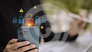 Cybersecurity risk and mobile data breach with unlock icon