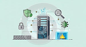 Cybersecurity Server Protection Firewall, Antivirus, Lock, Shield, Binary Code