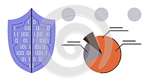 Cybersecurity Shield with Binary Code and Data Analytics Pie Chart