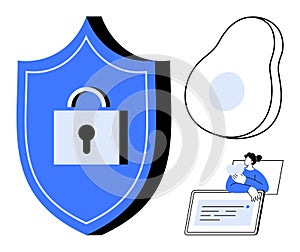 Cybersecurity Shield, Data Protection Lock, and User Interaction with Digital Interface Concept