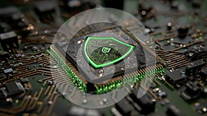 Cybersecurity shield glowing on a circuit board background with green lights.
