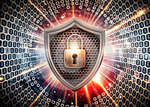 Cybersecurity Shield with Glowing Digital Lock and Futuristic Technology Background