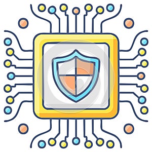 Cybersecurity Shield Icon on a Computer Microchip for Data Protection