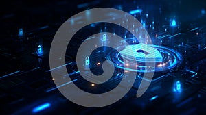 Digital data cybersecurity protecting network with shield icon