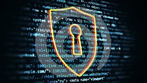 Cybersecurity shield with keyhole over digital code background. 3D Rendering