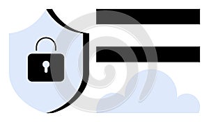 Cybersecurity Shield Lock with Cloud and Data Lines Representing Secure Online Data Storage