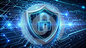 Cybersecurity Shield with Lock Icon - Digital Protection and Data Security Concept photo