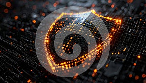 Cybersecurity shield made of glowing digital binary code dark