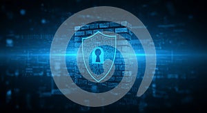 Cybersecurity shield protecting data with digital firewall and network security in blue light environment